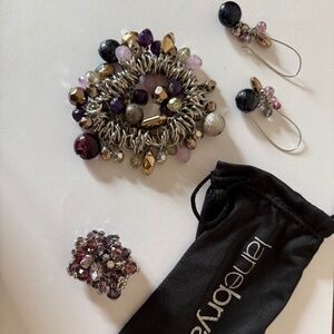 Chunky beaded bracelet, ring and earring set in shades of purple